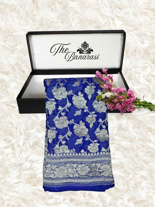 Royal Blue Khaddi Georgette Water Zari Banarasi Handloom Saree