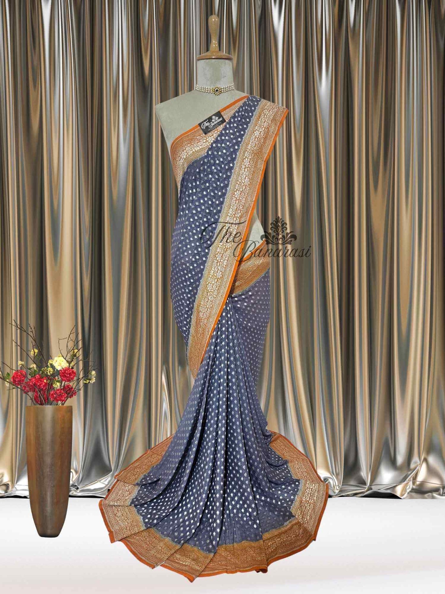 Grey Khaddi Georgette Water Zari Banarasi Handloom Saree