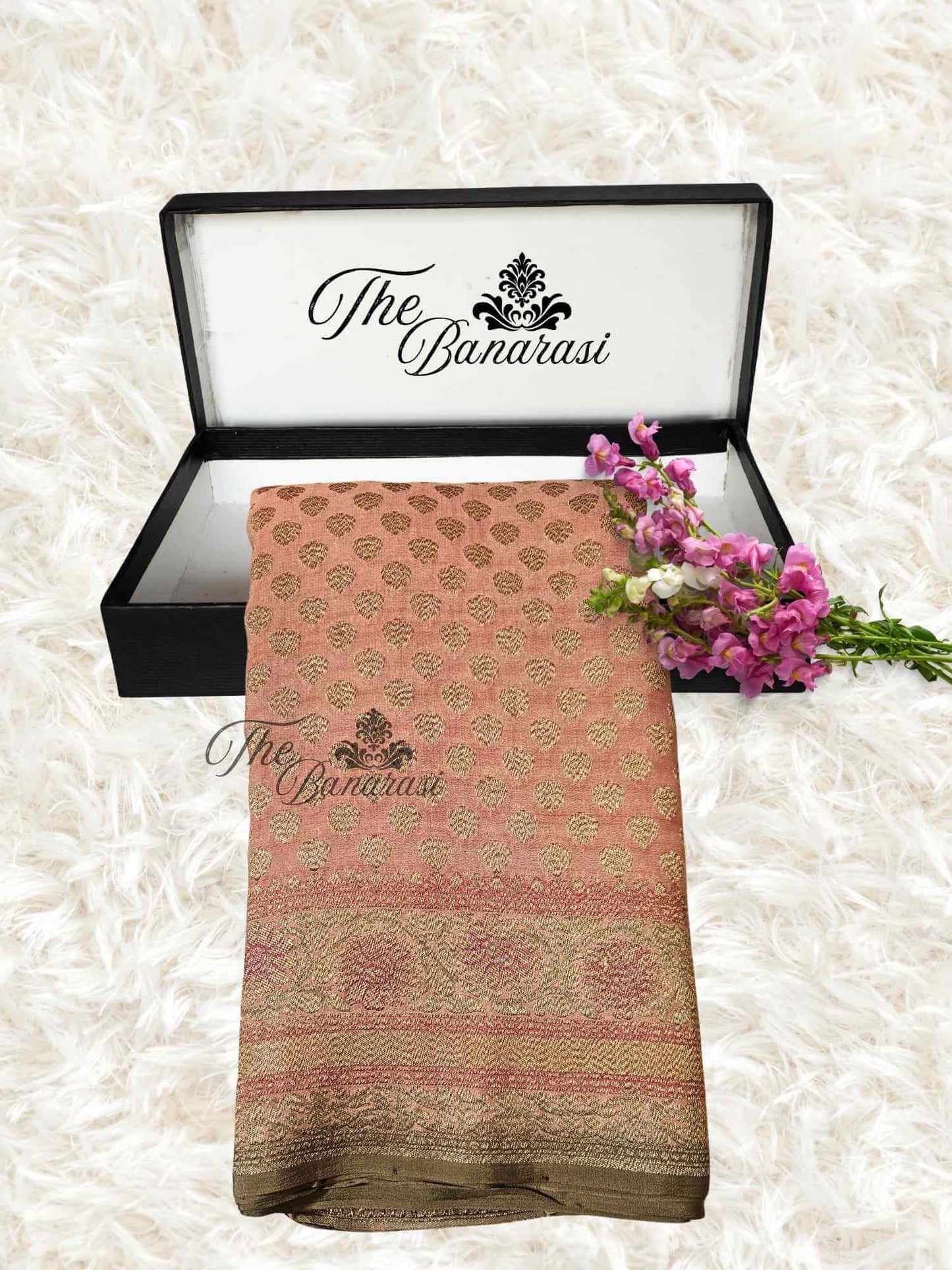 Light Brown Khaddi Georgette Hand Brush Antique Zari Banarasi Handloom Saree