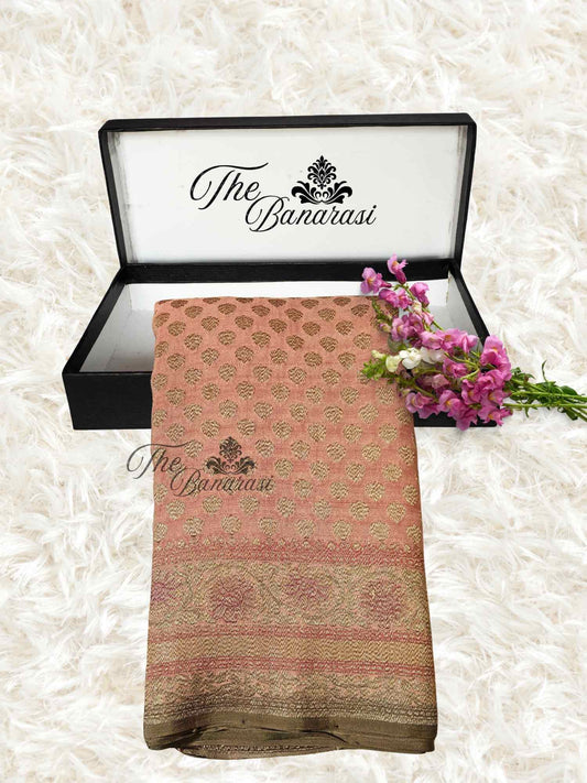 Light Brown Khaddi Georgette Hand Brush Antique Zari Banarasi Handloom Saree