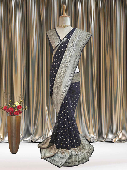 Black Khaddi Georgette Water Zari Banarasi Handloom Saree