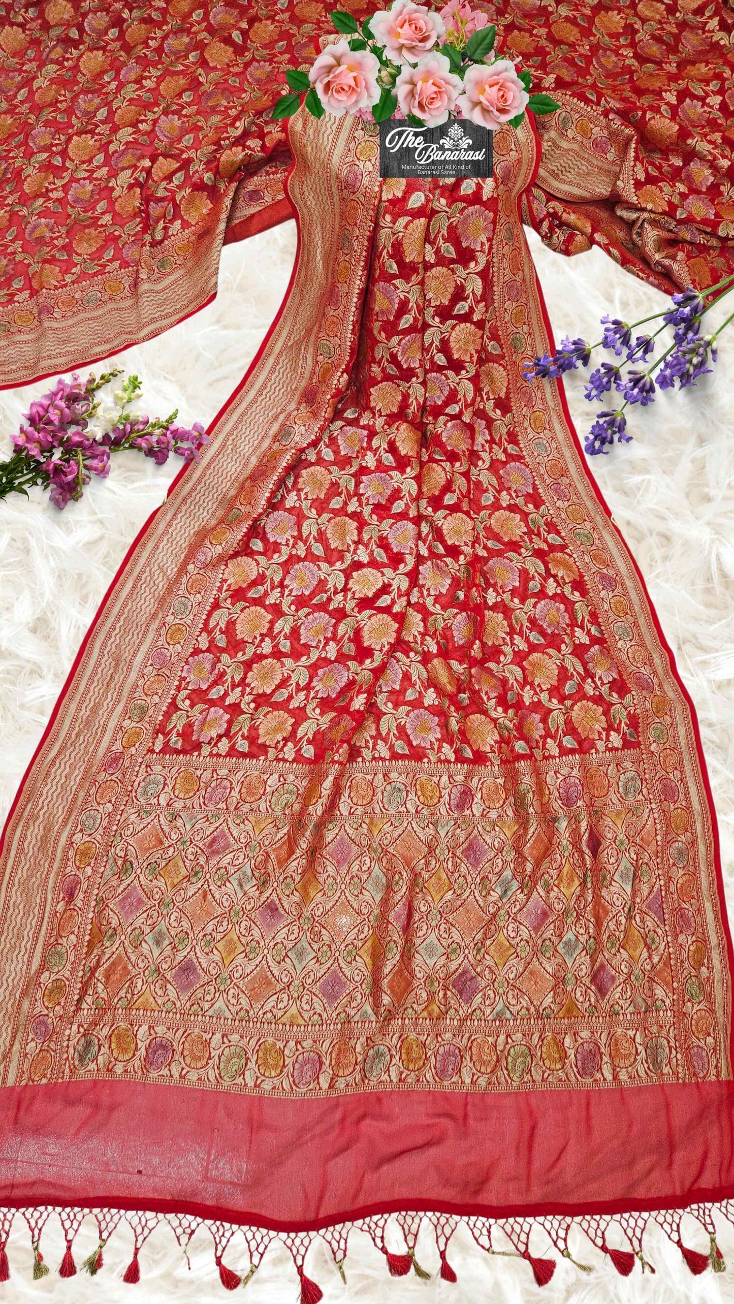 Red Khaddi Georgette Water Zari Banarasi Handloom Saree
