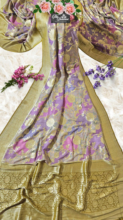 Multi-Color Pure Tussar Georgette Hand Brush Design Banarasi Handloom Saree