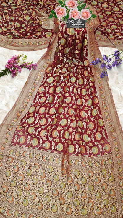 Maroon Color Khaddi Georgette Water Zari Banarasi Handloom Saree