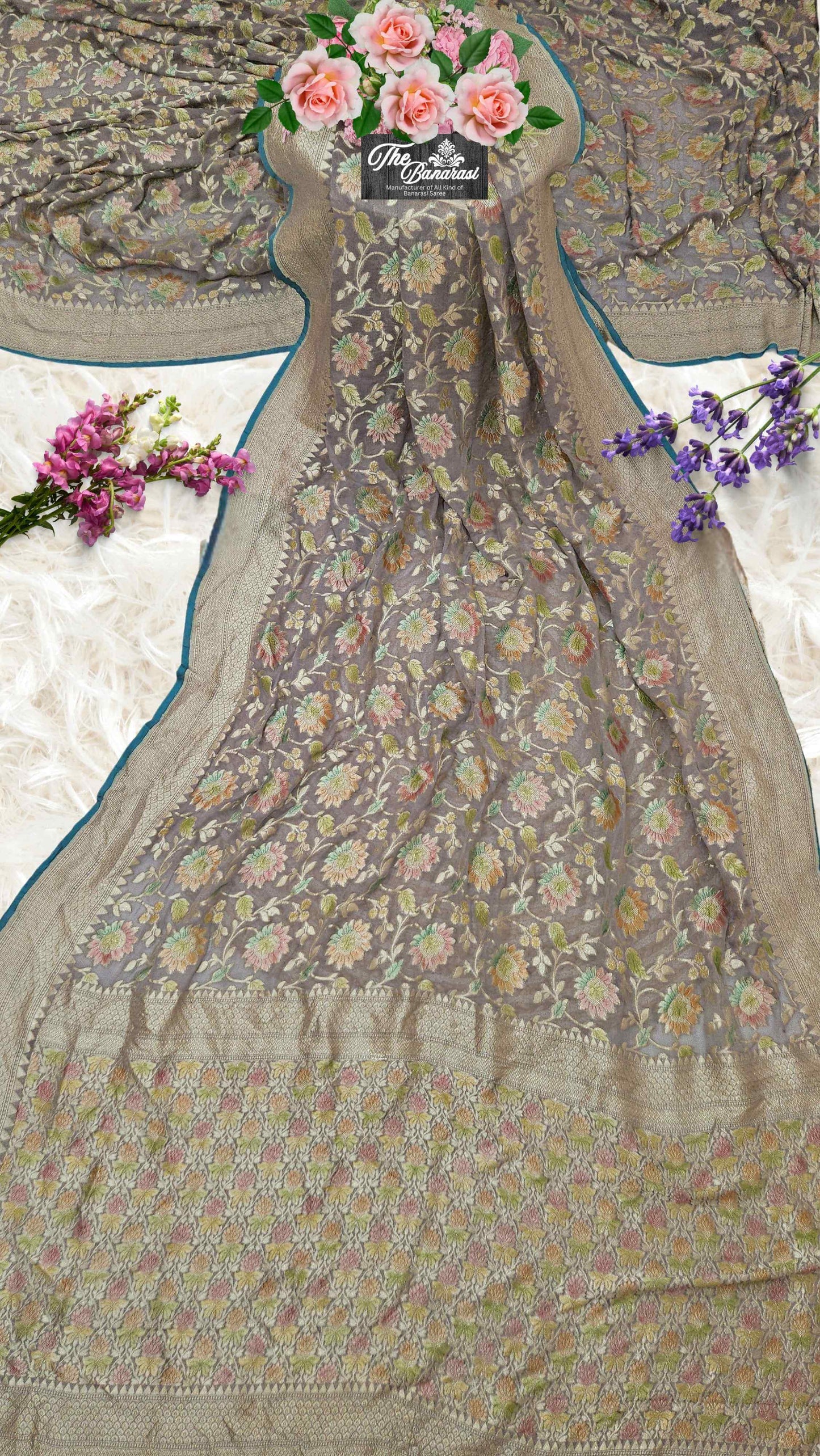 Grey Color Khaddi Georgette Water Zari Banarasi Handloom Saree