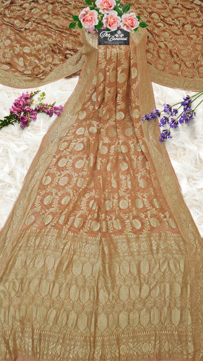 Sandstone Color Khaddi Georgette Water Zari Banarasi Handloom Saree