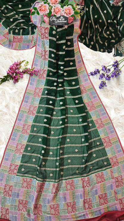 Forest Green Khaddi Georgette Water Zari Banarasi Handloom Saree