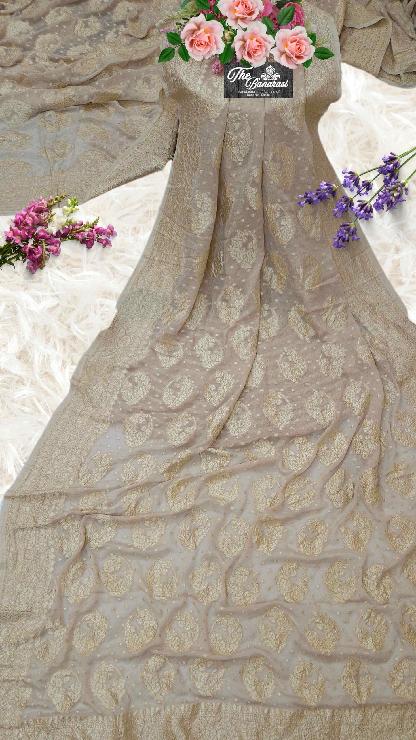 Cream Color Khaddi Georgette Water Zari Banarasi Handloom Saree