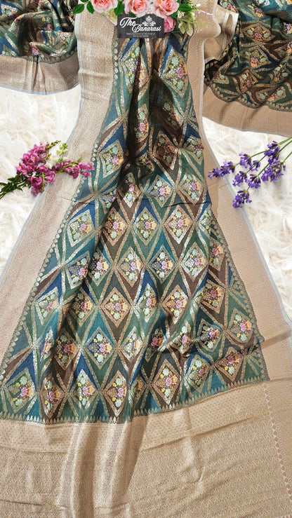 Multi-hued Pure Tussar Georgette Hand Brush Design Banarasi Handloom Saree