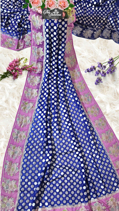 Royal Blue Khaddi Georgette Hand Brush Water Zari Banarasi Handloom Saree