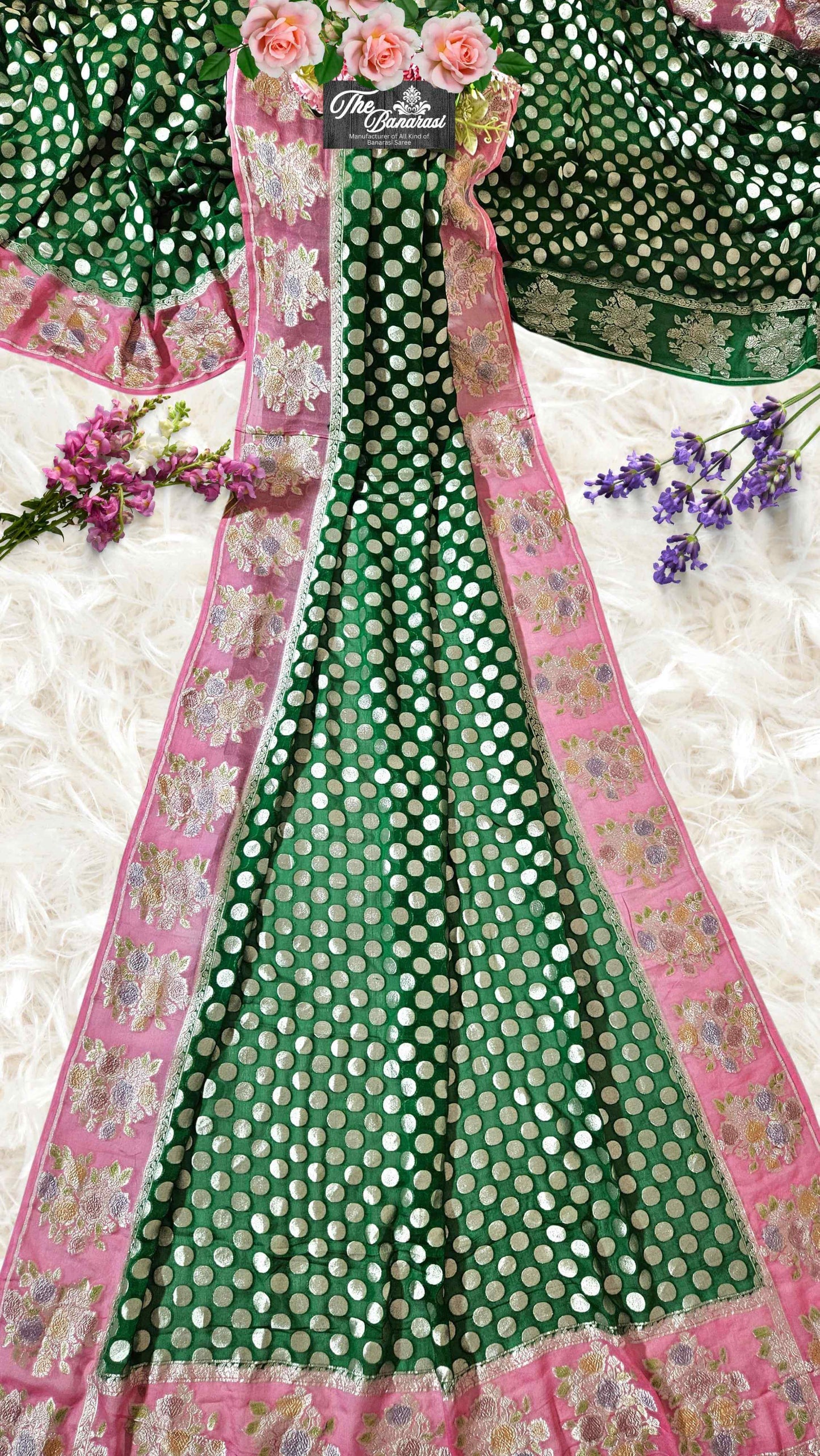 Emerald Green Khaddi Georgette Hand Brush Water Zari Banarasi Handloom Saree