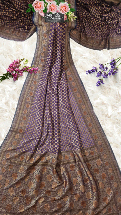 Iris Purple Khaddi Georgette Hand Brush Antique Zari Banarasi Handloom Saree