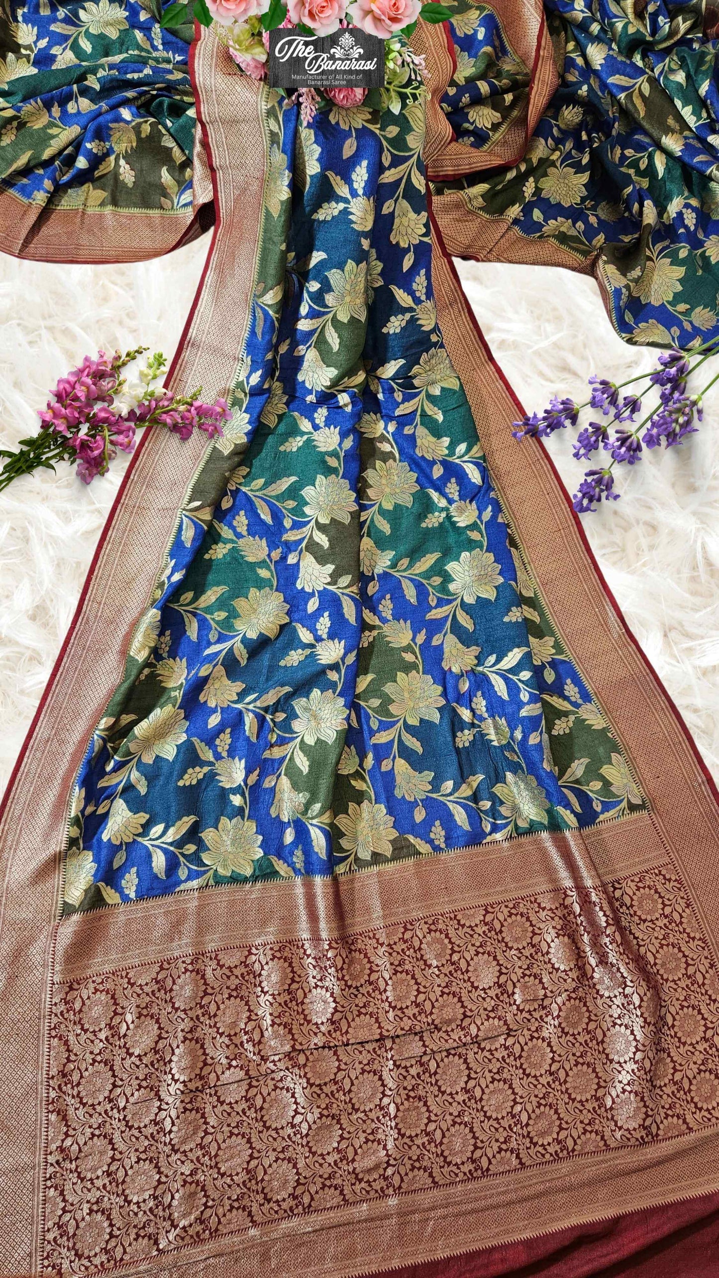Multi-hued Pure Tussar Georgette Hand Brush Design Banarasi Handloom Saree