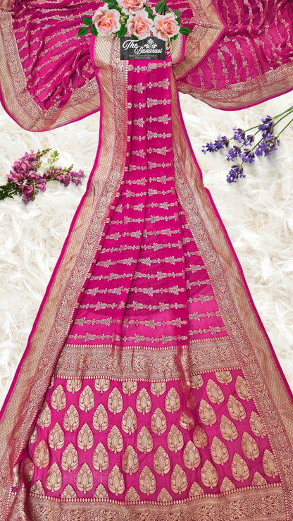 Rani Pink Khaddi Georgette Water Zari Banarasi Handloom Saree