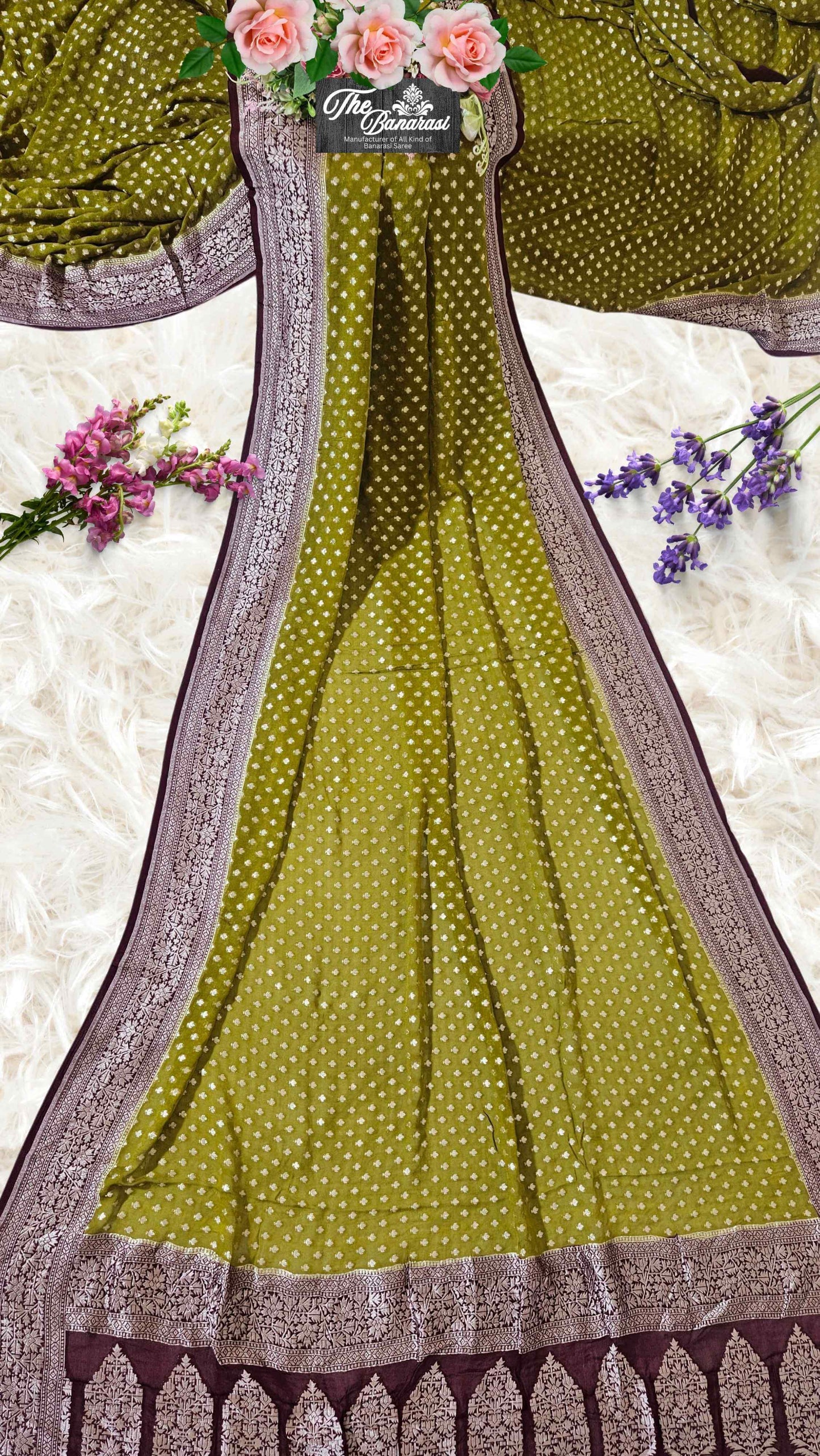 Olive Green Khaddi Georgette Water Zari Banarasi Handloom Saree