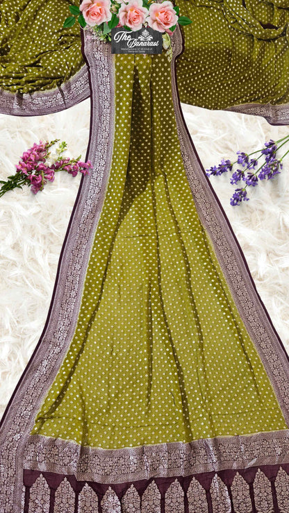 Olive Green Khaddi Georgette Water Zari Banarasi Handloom Saree