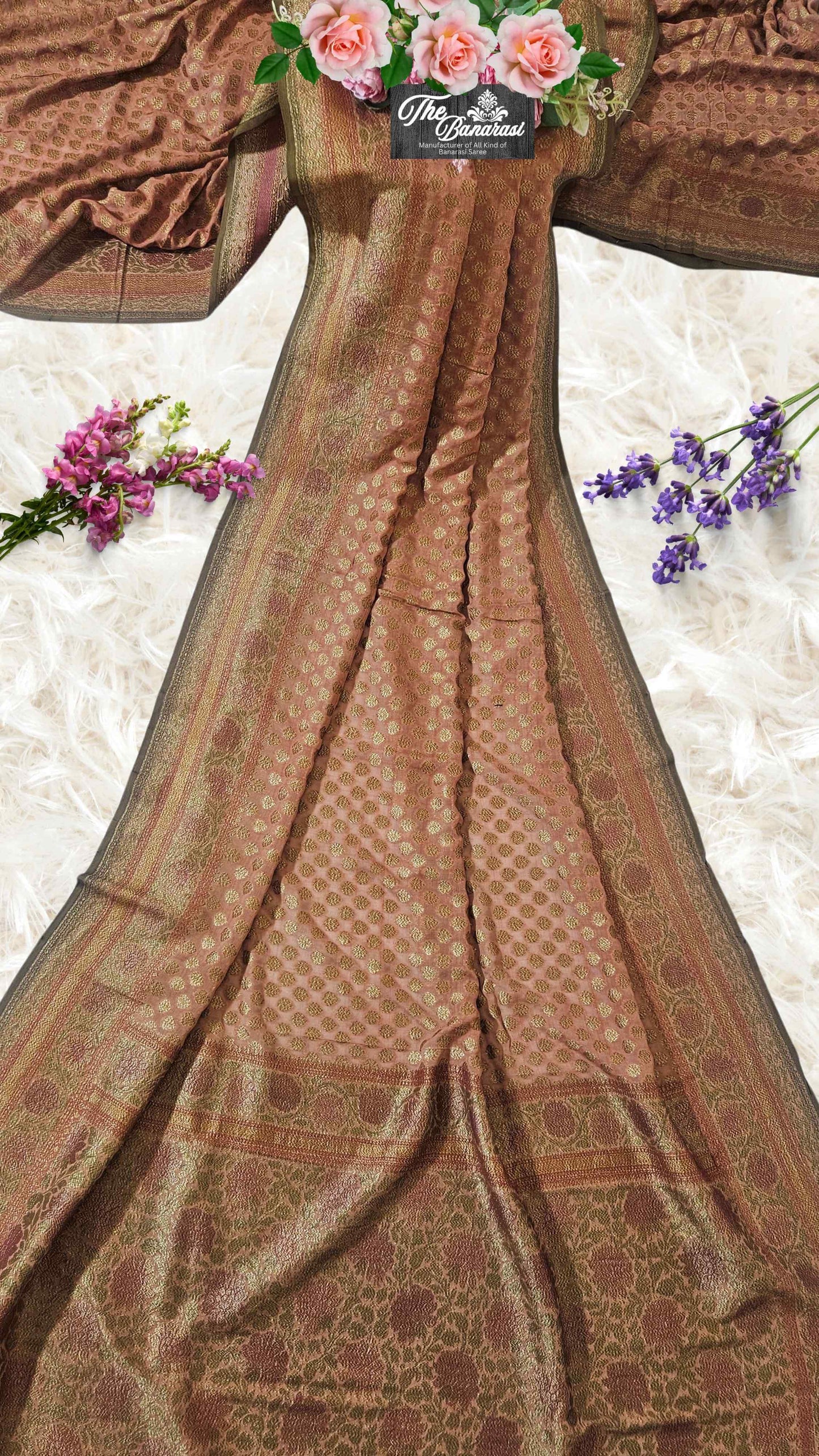 Light Brown Khaddi Georgette Hand Brush Antique Zari Banarasi Handloom Saree