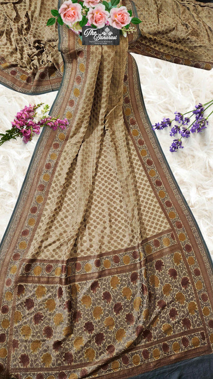 Light Gold Khaddi Georgette Hand Brush Antique Zari Banarasi Handloom Saree