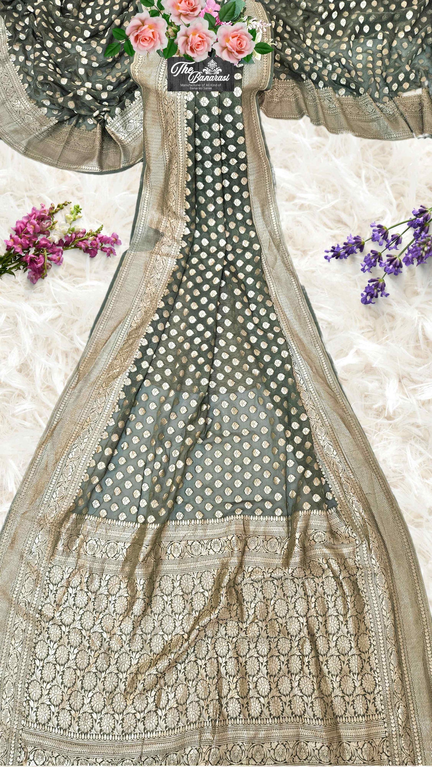Hunter Green Khaddi Georgette Water Zari Banarasi Handloom Saree