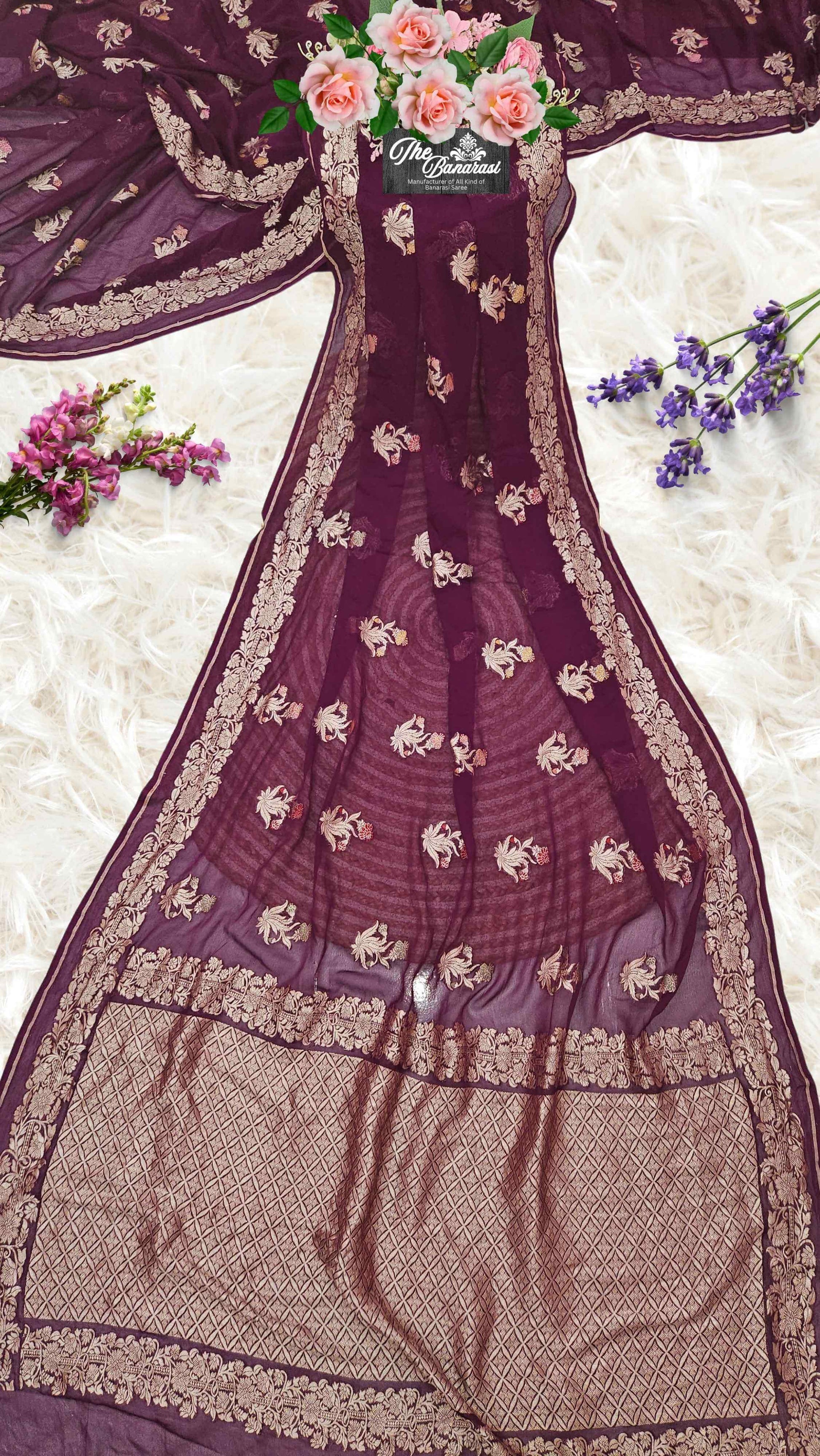 Wine Purple Handwoven Traditional Khaddi Georgette Banarasi Saree with Meenakari Design - Full View