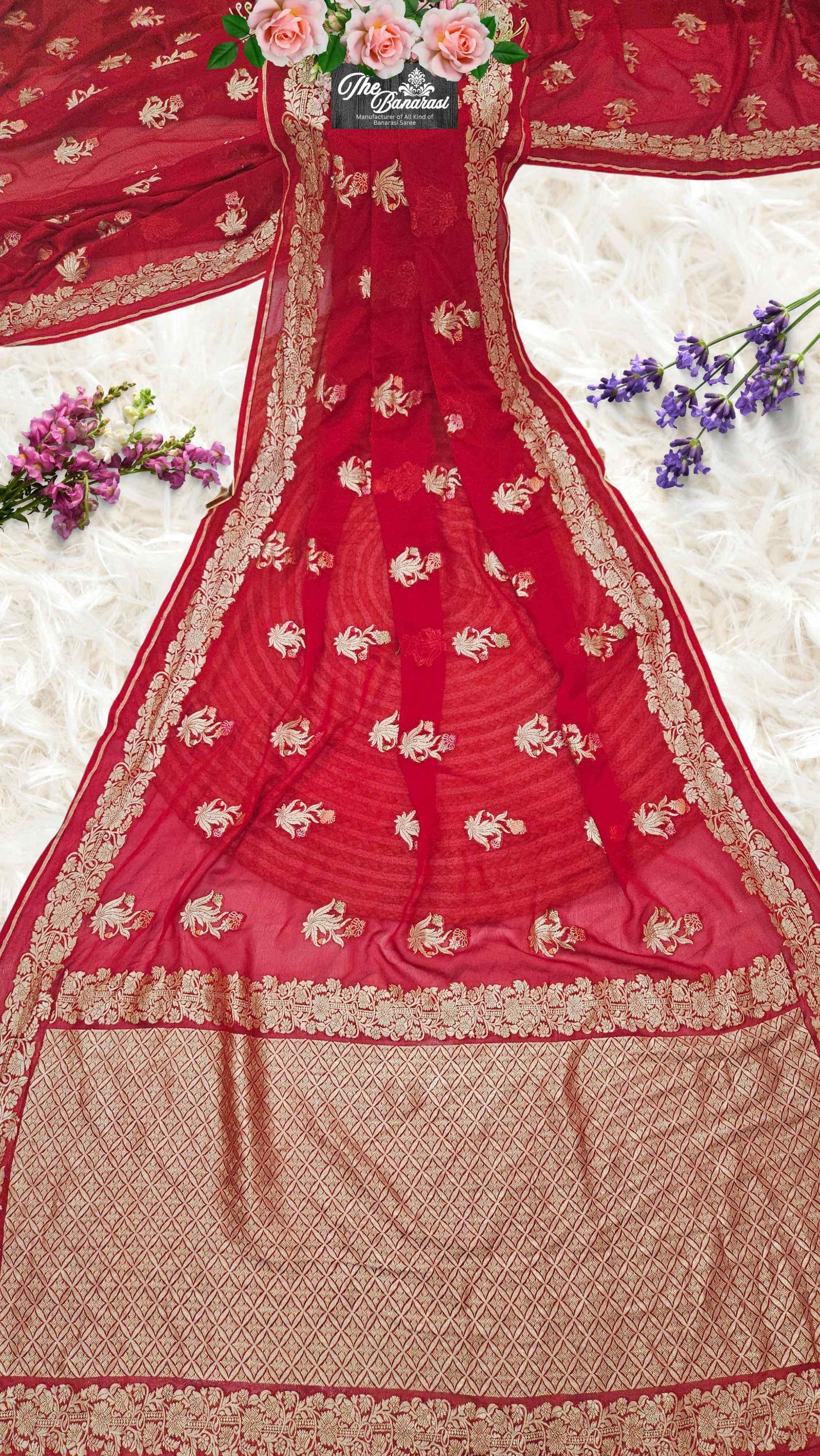 Scarlet Red Handwoven Traditional Khaddi Georgette Banarasi Saree with Meenakari Design - Full View