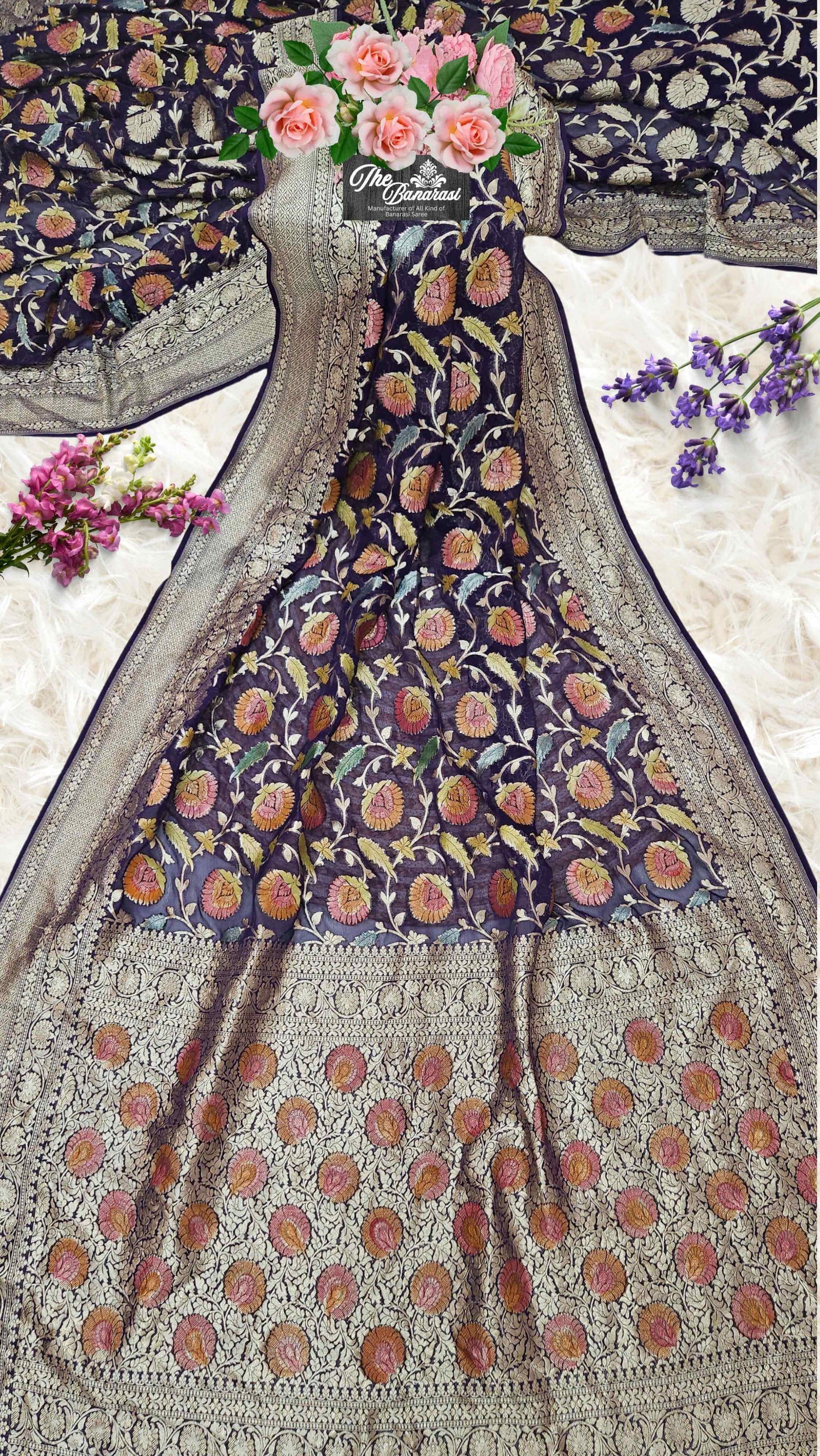 Indigo Blue Khaddi Georgette Hand Brush Banarasi Handloom Saree