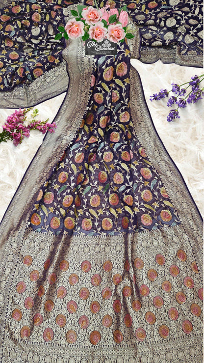 Indigo Blue Khaddi Georgette Hand Brush Banarasi Handloom Saree