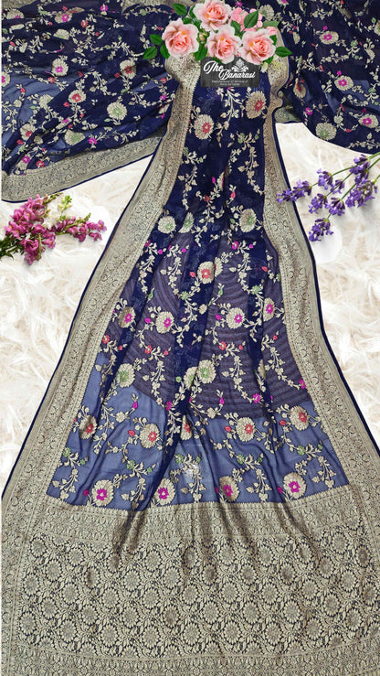 Midnight Blue Handwoven Traditional Khaddi Georgette Banarasi Saree with Meenakari Design - Full View