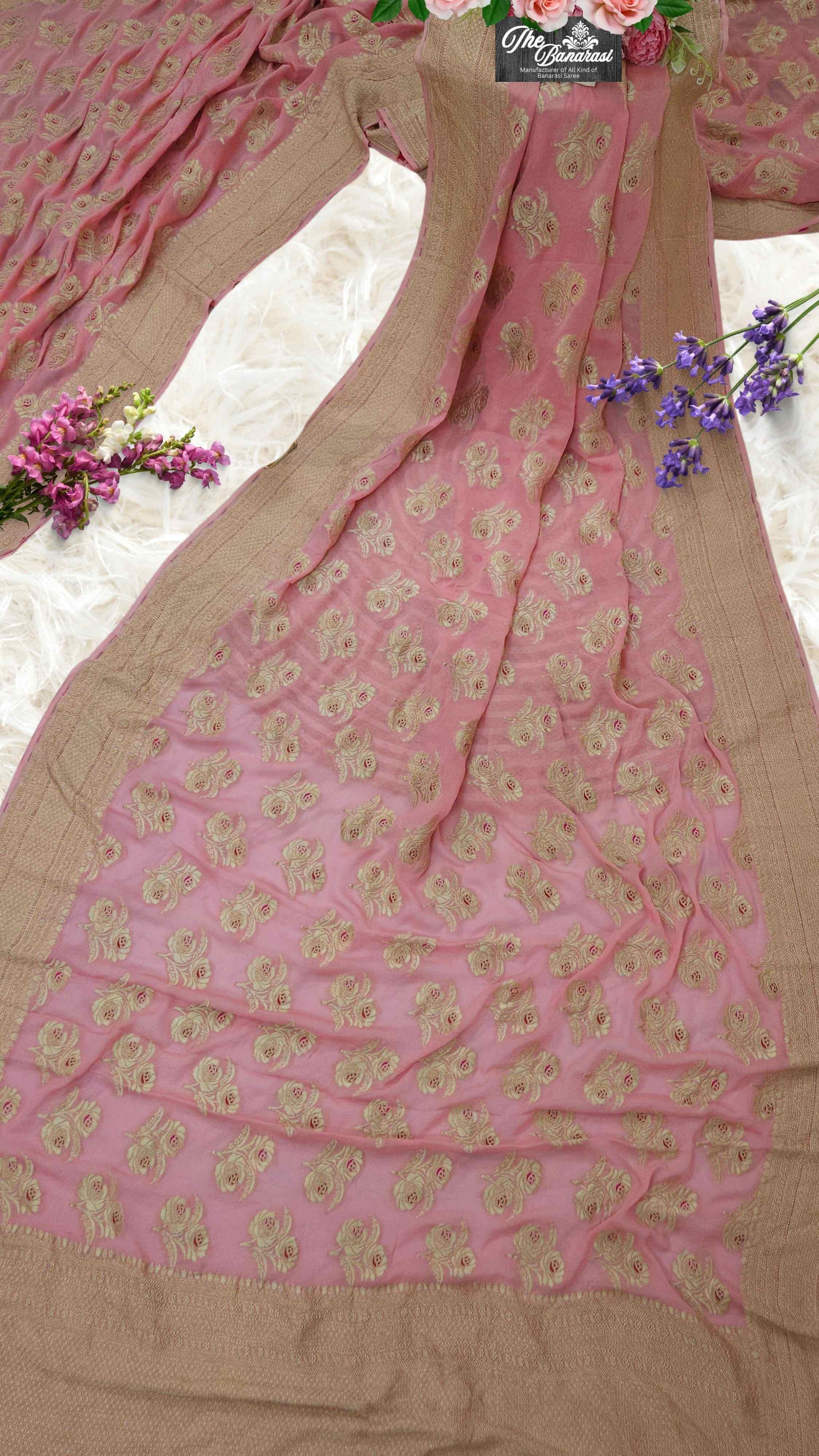Peach Handwoven Traditional Khaddi Georgette Banarasi Saree with Meenakari Design - Full View