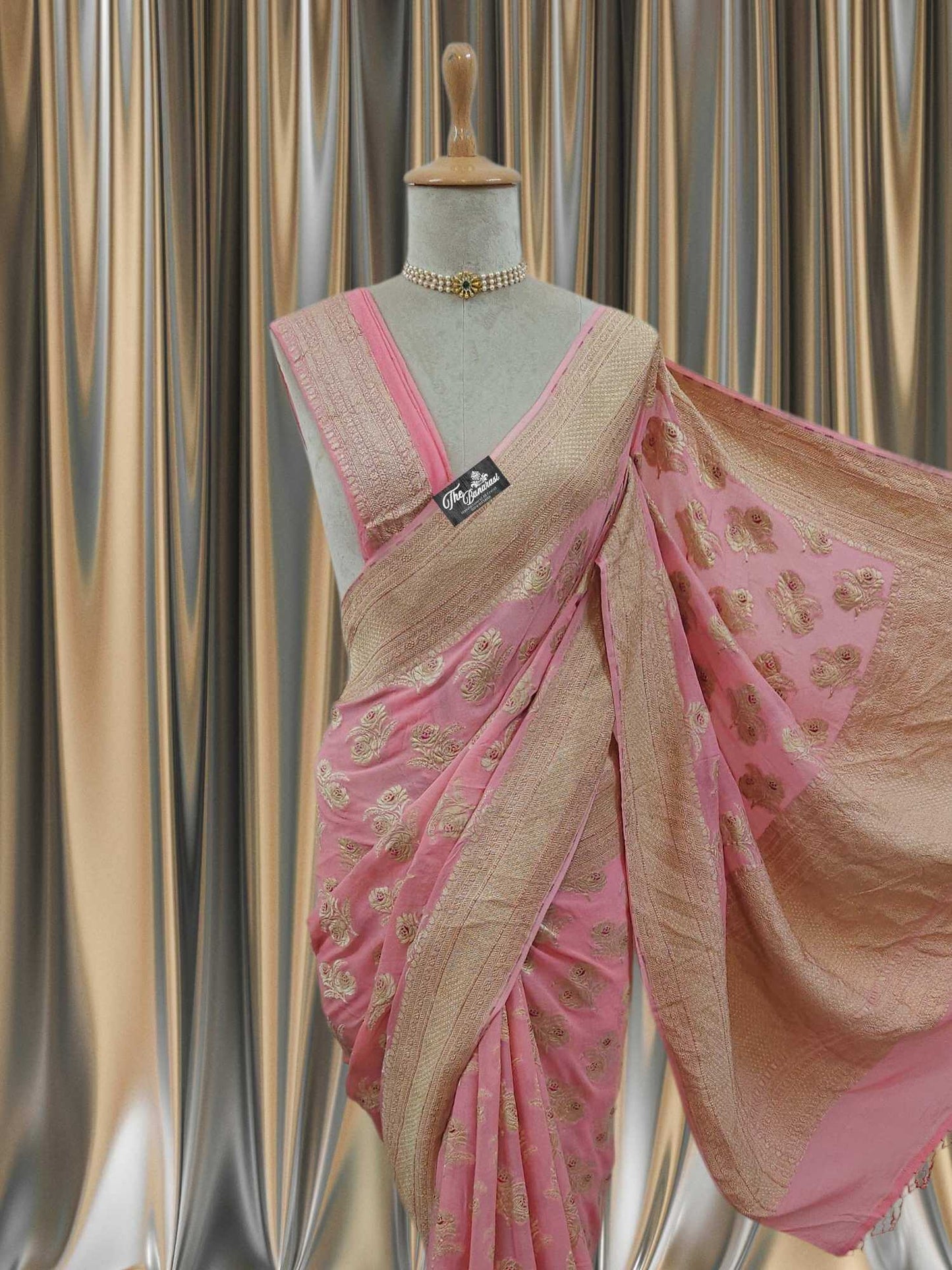 Close-up of Peach Handwoven Traditional Khaddi Georgette Banarasi Saree with Meenakari Design