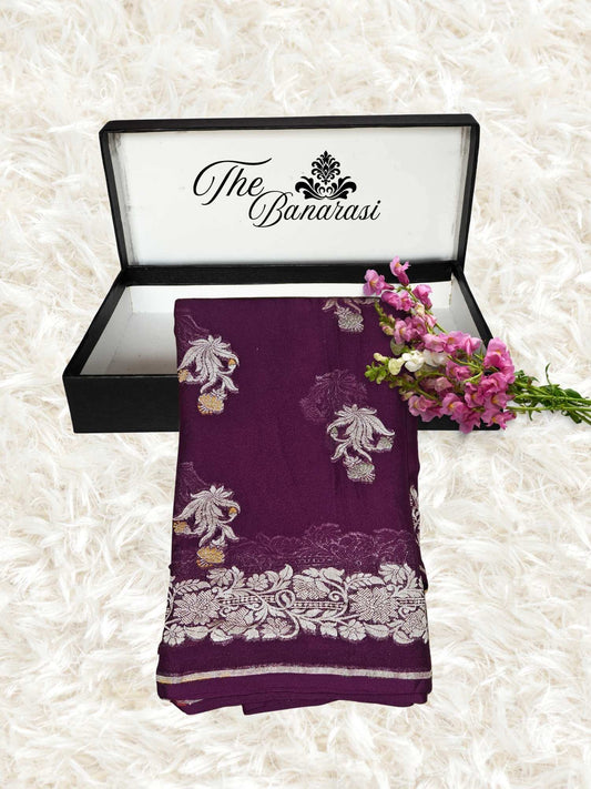 Wine Purple Handwoven Traditional Khaddi Georgette Banarasi Saree with Meenakari Design - Partial View