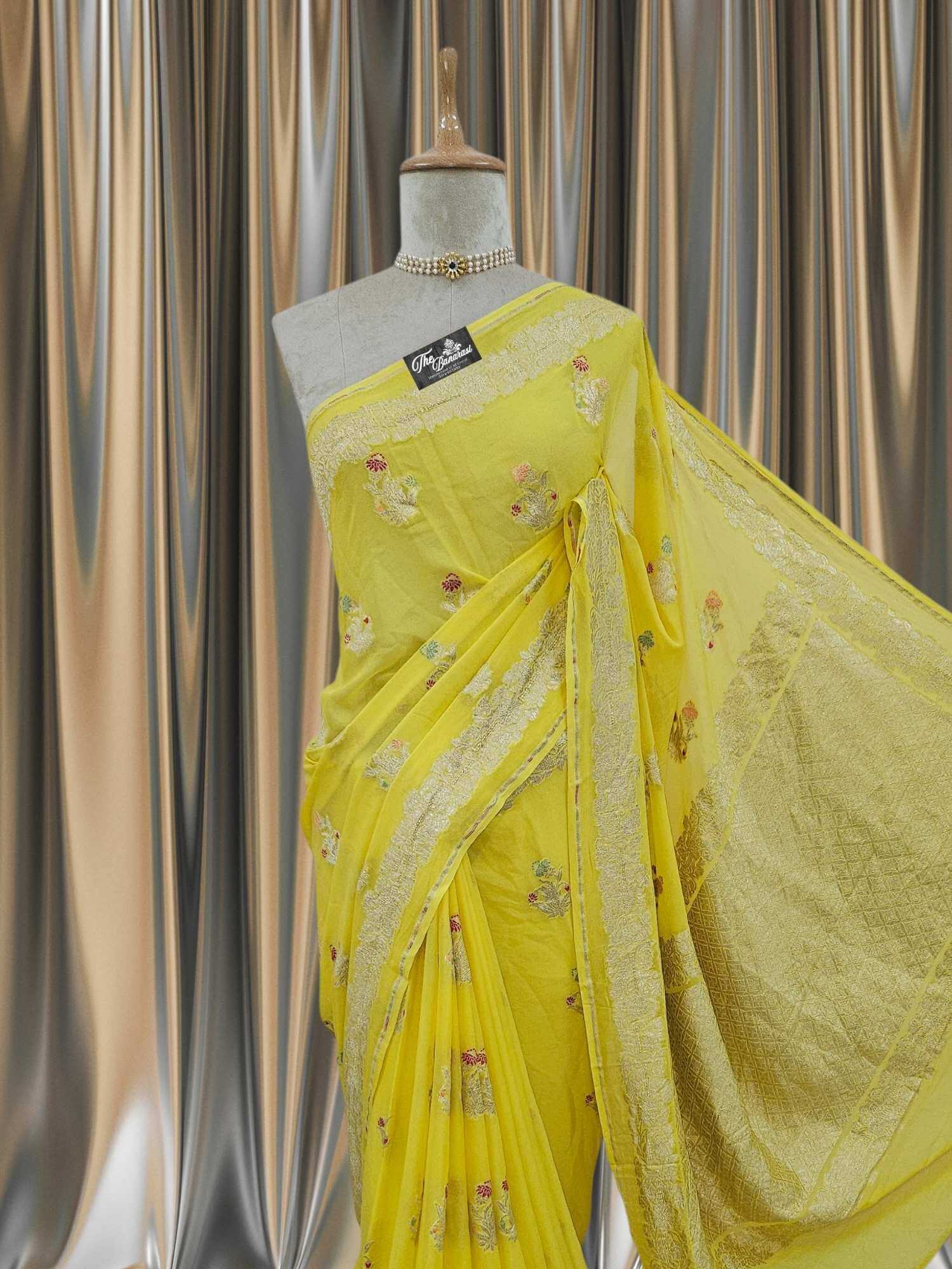 Close-up of Flex Yellow Handwoven Traditional Khaddi Georgette Banarasi Saree with Meenakari Design