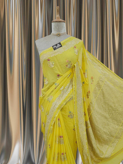 Close-up of Flex Yellow Handwoven Traditional Khaddi Georgette Banarasi Saree with Meenakari Design