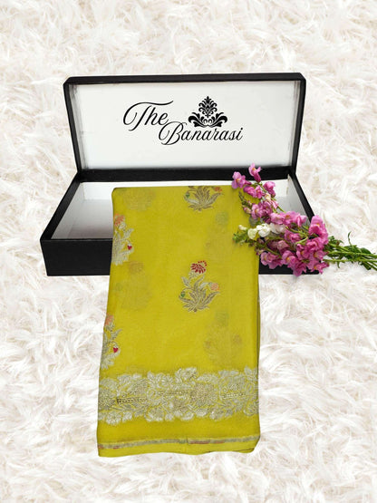 Flex Yellow Handwoven Traditional Khaddi Georgette Banarasi Saree with Meenakari Design - Partial View