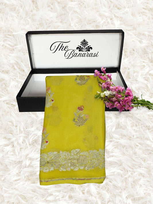 Flex Yellow Handwoven Traditional Khaddi Georgette Banarasi Saree with Meenakari Design - Partial View