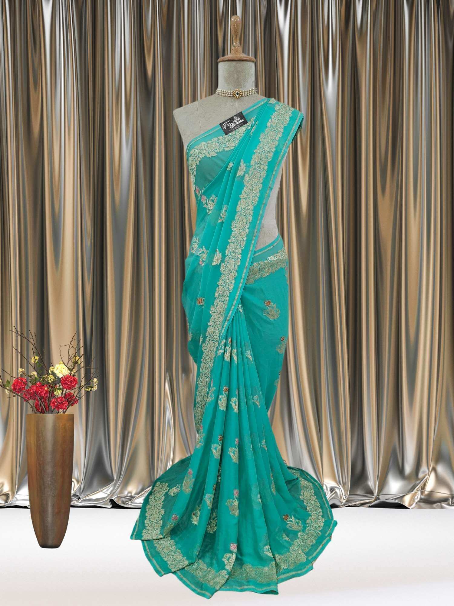 Mannequin wearing Aquamarine Blue Handwoven Traditional Khaddi Georgette Banarasi Saree with Meenakari Design - Full View