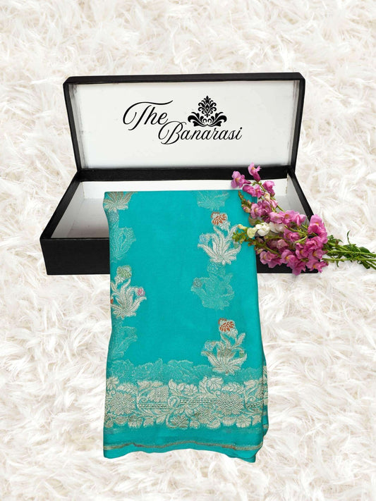 Aquamarine Blue Handwoven Traditional Khaddi Georgette Banarasi Saree with Meenakari Design - Partial View