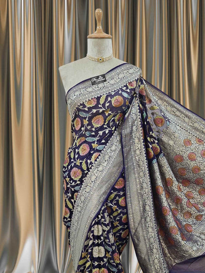 Indigo Blue Khaddi Georgette Hand Brush Banarasi Handloom Saree