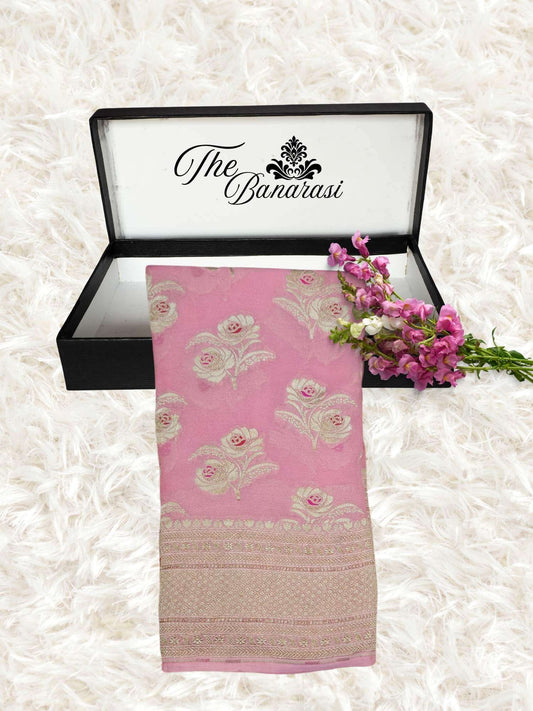Peach Handwoven Traditional Khaddi Georgette Banarasi Saree with Meenakari Design - Partial View