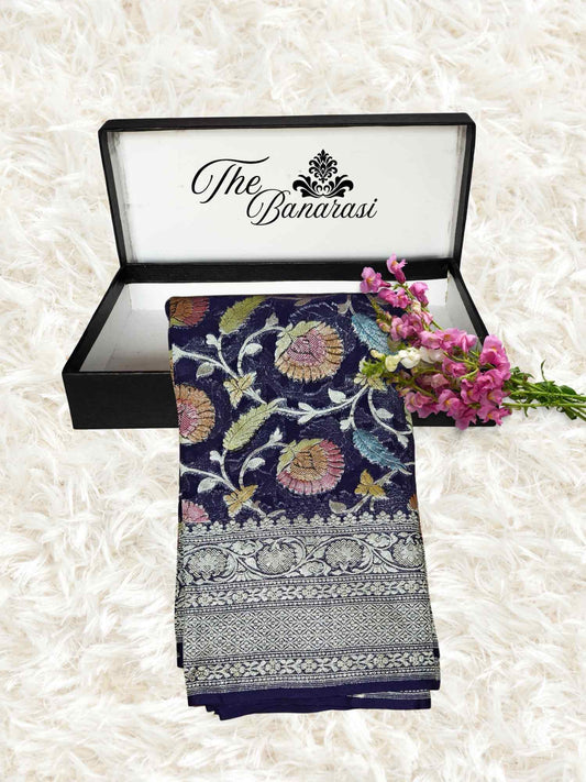 Indigo Blue Khaddi Georgette Hand Brush Banarasi Handloom Saree