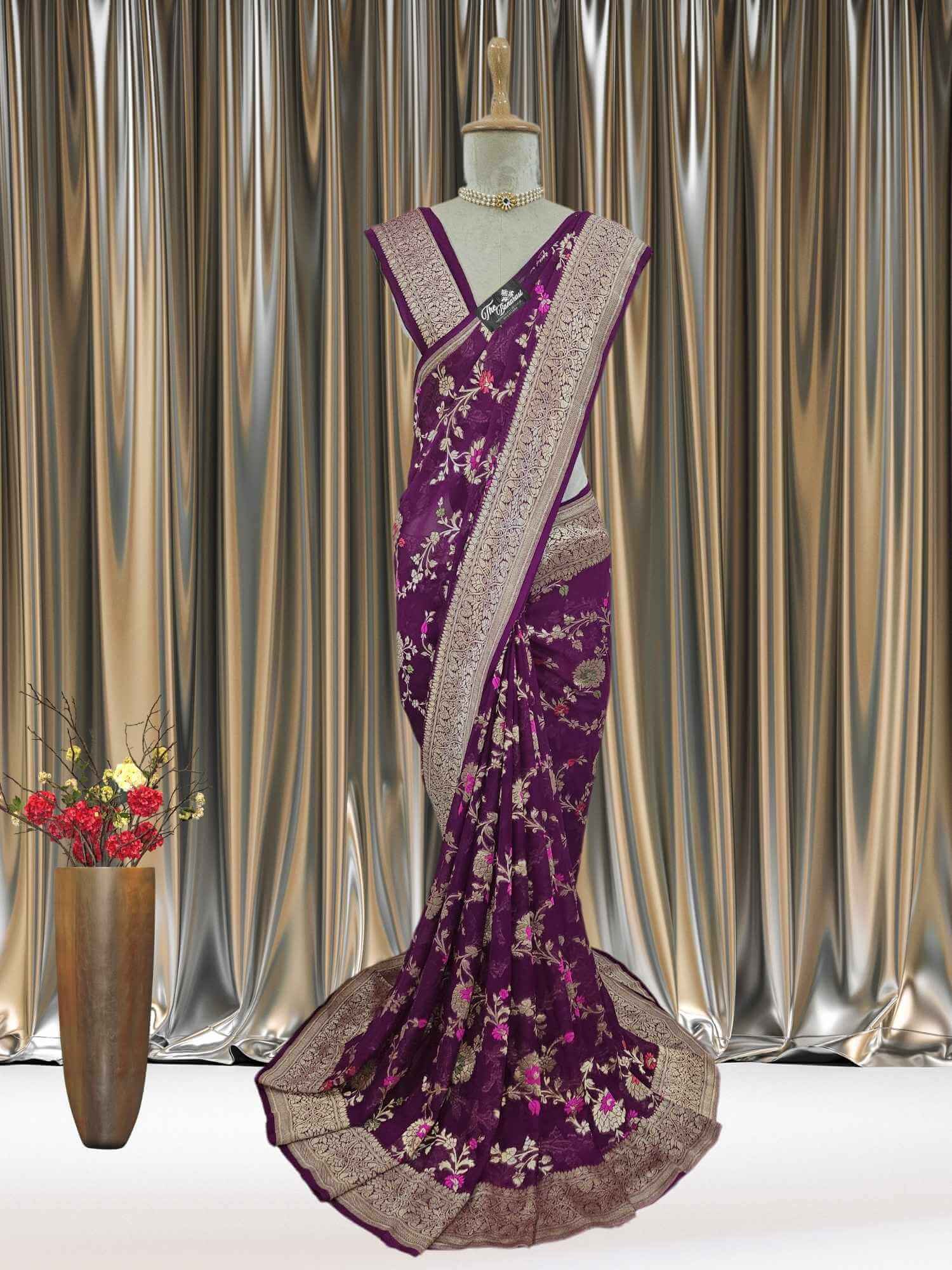 Mannequin wearing Grape Purple Handwoven Traditional Khaddi Georgette Banarasi Saree with Meenakari Design - Full View