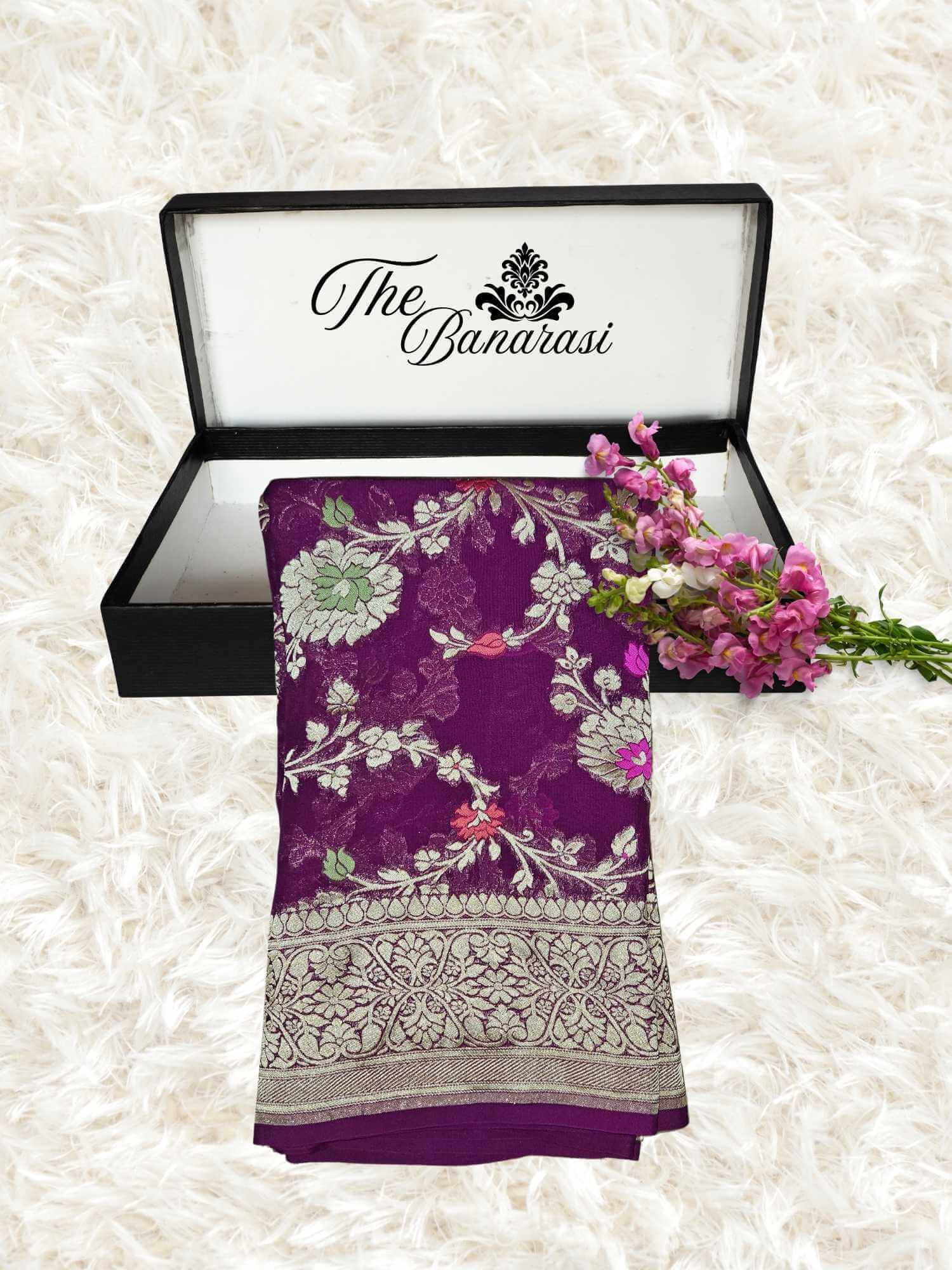 Grape Purple Handwoven Traditional Khaddi Georgette Banarasi Saree with Meenakari Design - Partial View