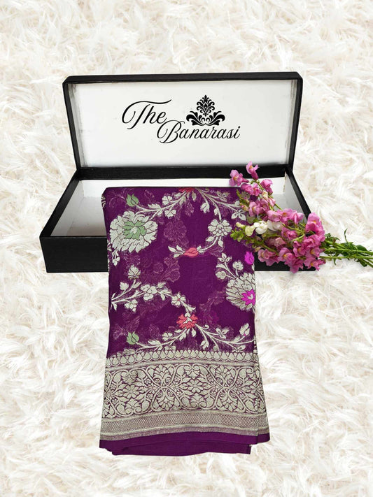 Grape Purple Handwoven Traditional Khaddi Georgette Banarasi Saree with Meenakari Design - Partial View