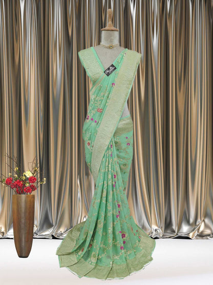 Mannequin wearing Tea Green Handwoven Traditional Khaddi Georgette Banarasi Saree with Meenakari Design - Full View