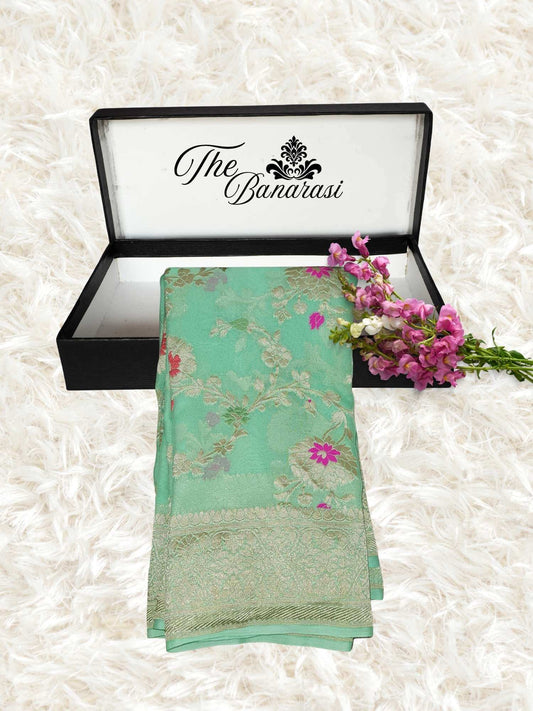Tea Green Handwoven Traditional Khaddi Georgette Banarasi Saree with Meenakari Design - Partial View