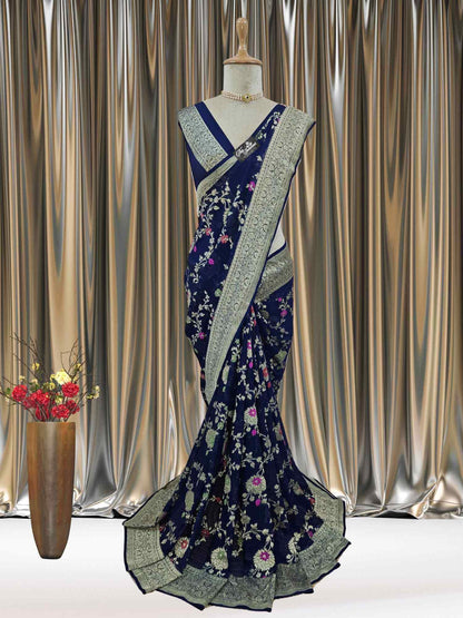 Mannequin wearing Midnight Blue Handwoven Traditional Khaddi Georgette Banarasi Saree with Meenakari Design - Full View