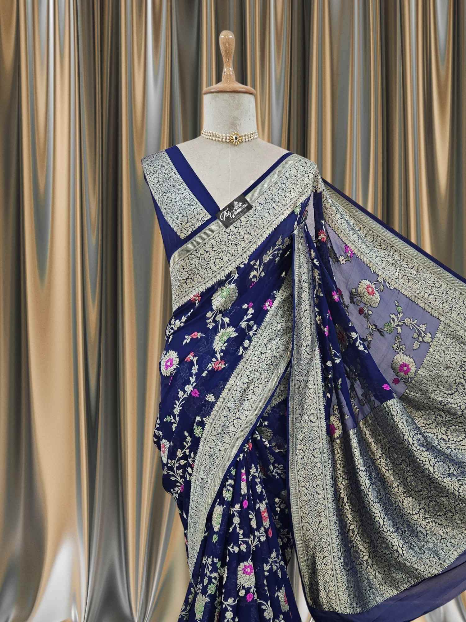 Close-up of Midnight Blue Handwoven Traditional Khaddi Georgette Banarasi Saree with Meenakari Design