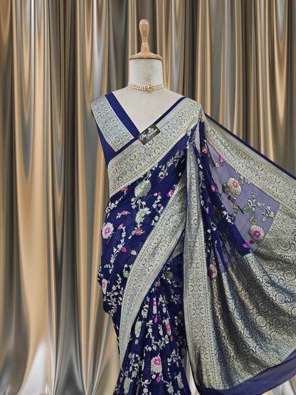 Close-up of Midnight Blue Handwoven Traditional Khaddi Georgette Banarasi Saree with Meenakari Design