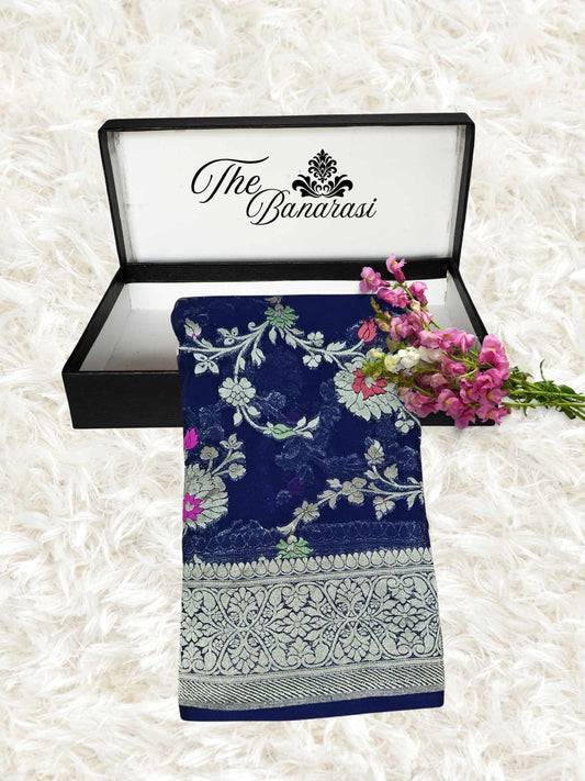 Midnight Blue Handwoven Traditional Khaddi Georgette Banarasi Saree with Meenakari Design - Partial View