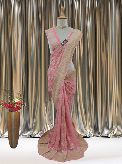 Mannequin wearing Peach Handwoven Traditional Khaddi Georgette Banarasi Saree with Meenakari Design - Full View